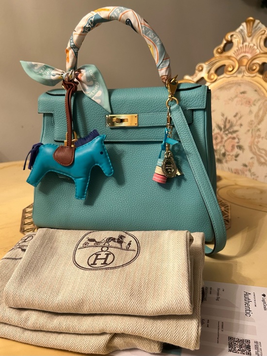 Hermes Handbags - Hermes Kelly 28 Blue Atoll Togo GHW with Twilly & Rodeo Charm Authentic